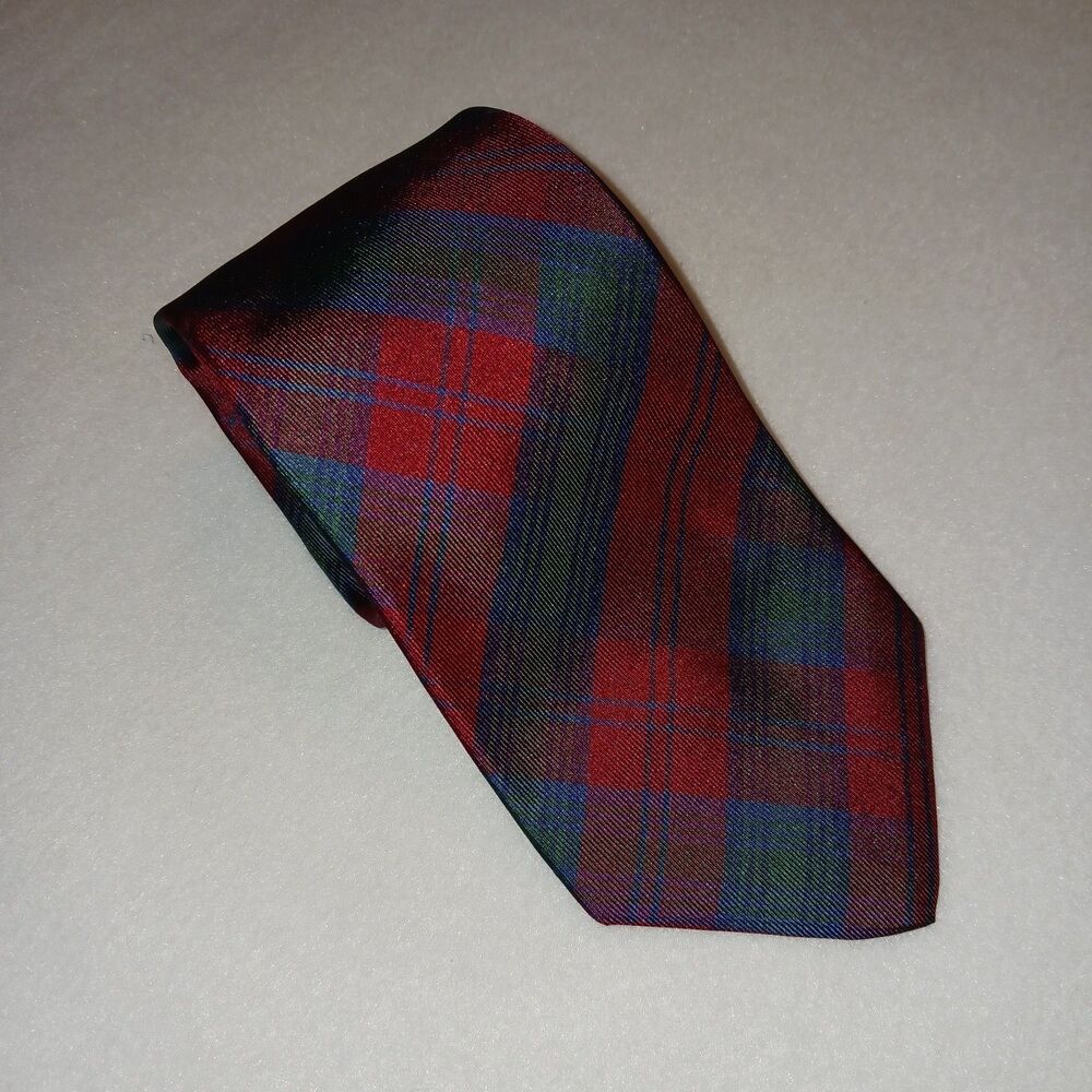 Lands' End Tie Red And Green Plaid 57"×3.5" Men's Necktie 100% Silk